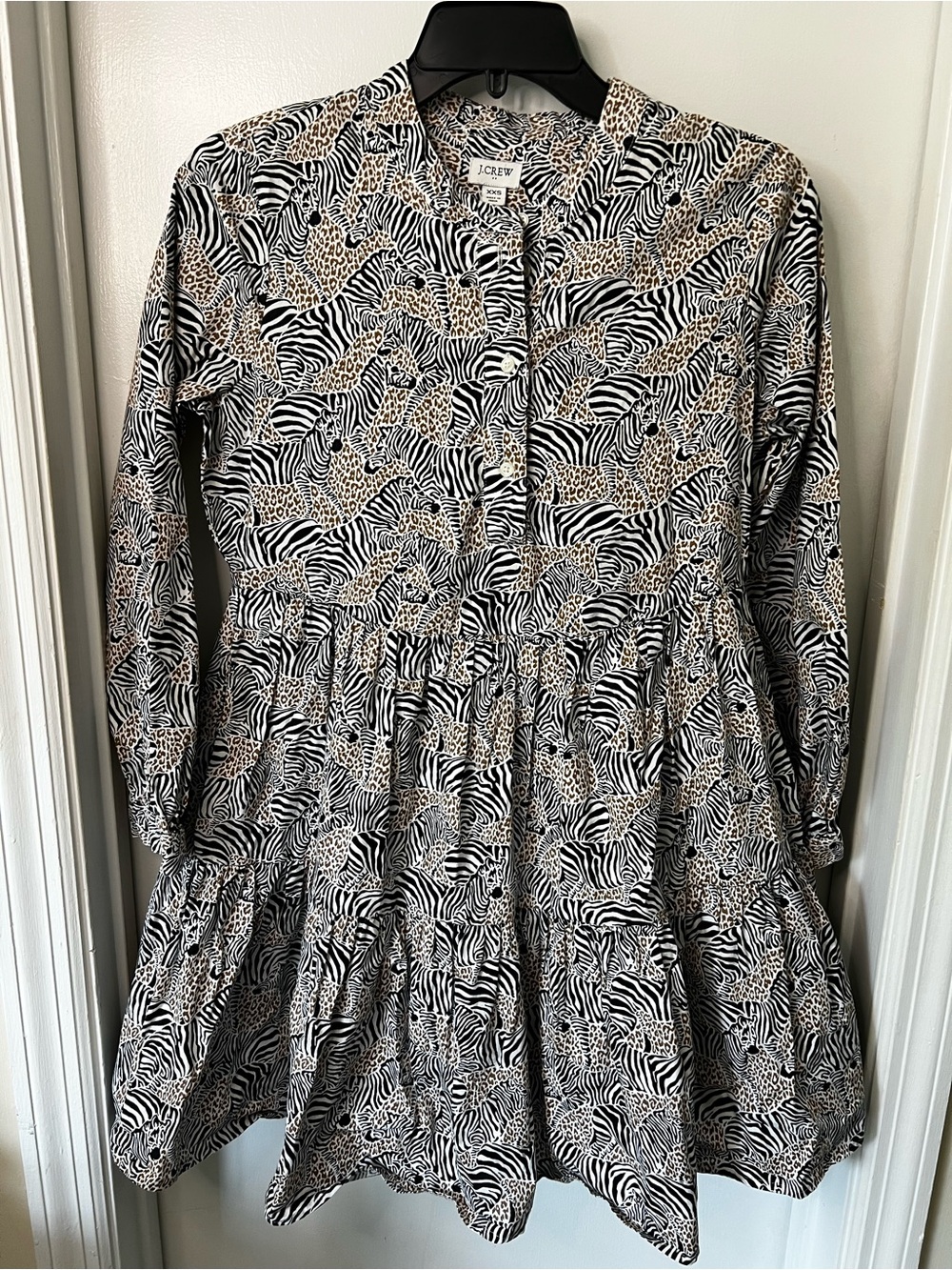 J.Crew Black, White & Tan Animal-Print Button Dress